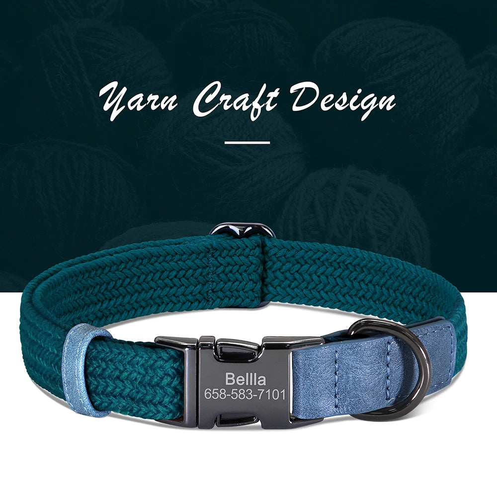 Teal and blue dog collar with a black metal buckle on a dark yarn background.