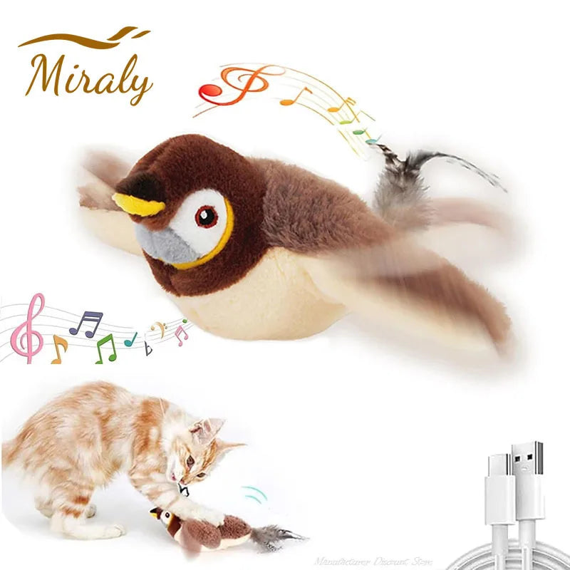 Plush toy penguin with musical notes, cat playing with it, and Miraly logo.