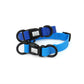 Blue dog collar with black hardware on a white background