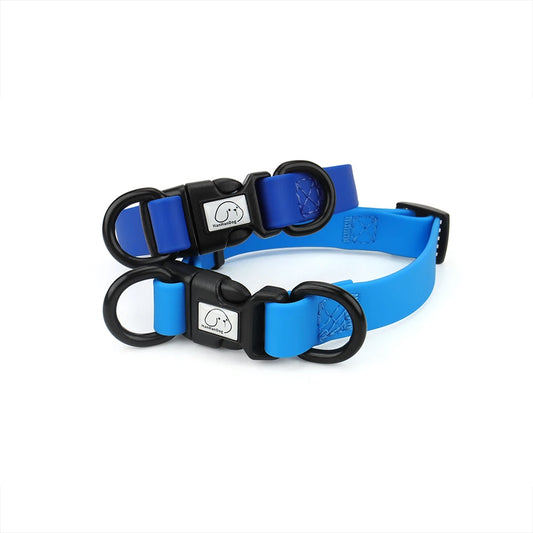 Blue dog collar with black hardware on a white background