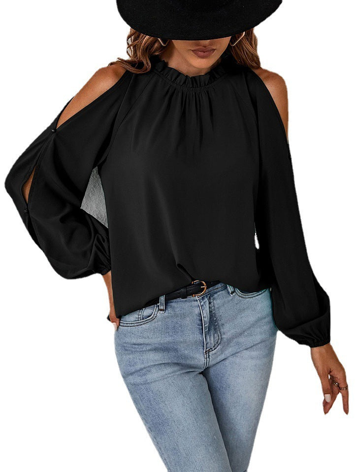 Long Sleeve Top - Ruffle Round Neck Long Sleeve Pleated Off-shoulder Top