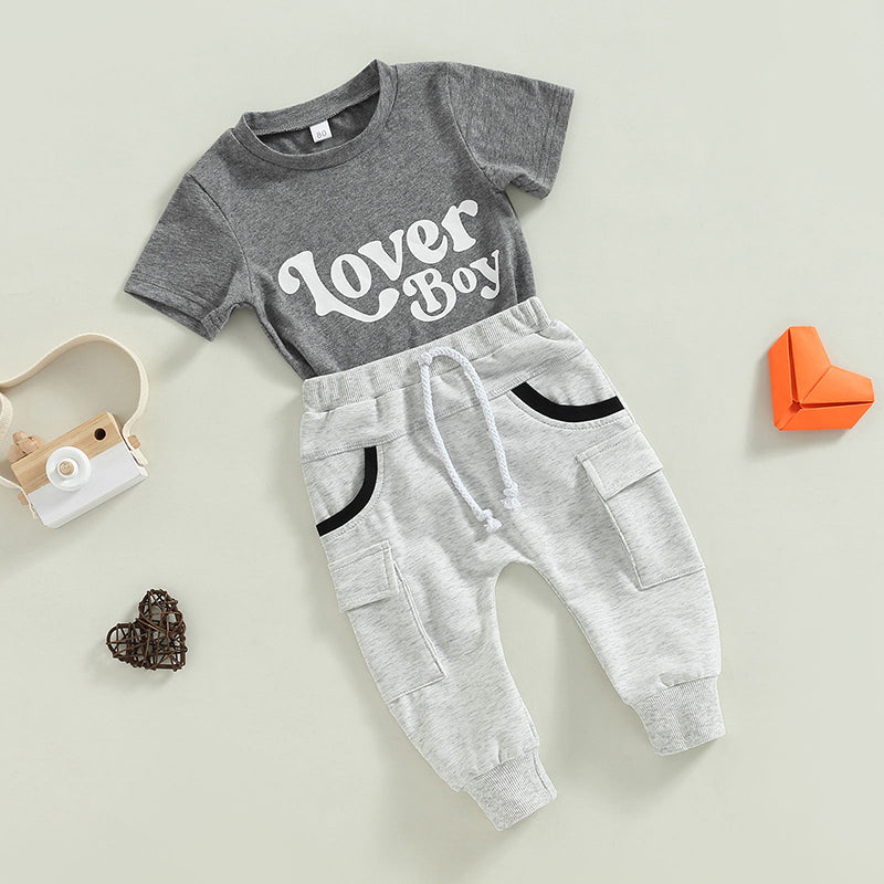 Ensemble de vêtements d'été gris pour bébé garçon, T-shirt imprimé monogramme à manches courtes