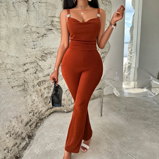 Women's Clothing Summer Casual Style Solid Color Sling Metal Jumpsuit