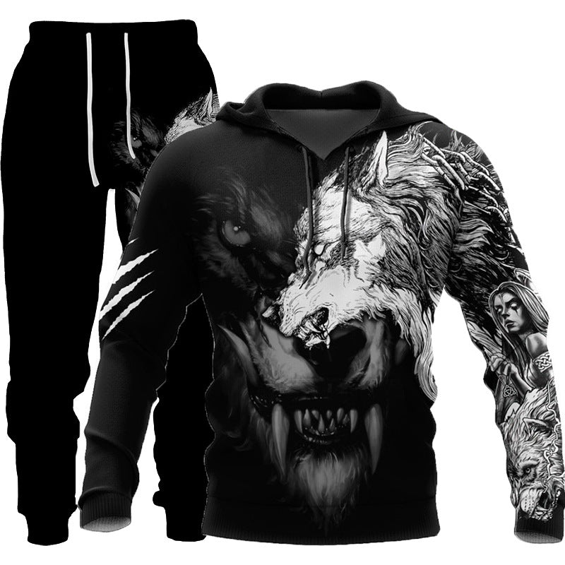 Tracksuit: 3D Wolf Print Hooded Sweatsuit for Men