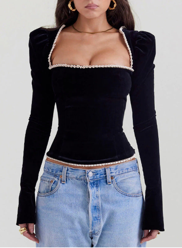 Womens Top - Square Collar Velvet Backless Lace Up T-shirt Top