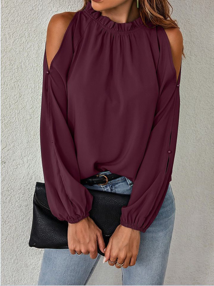 Long Sleeve Top - Ruffle Round Neck Long Sleeve Pleated Off-shoulder Top