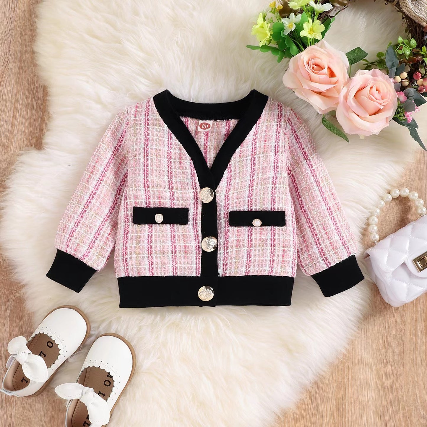 Girls' Houndstooth Pattern 2pcs, Button Front Coat & Skirt Set