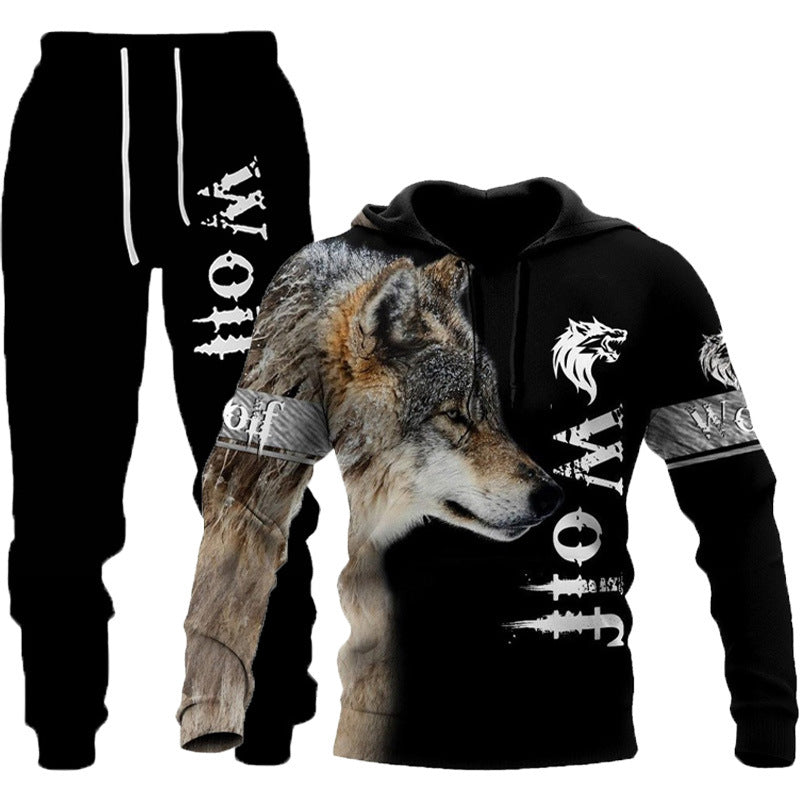 Tracksuit: 3D Wolf Print Hooded Sweatsuit for Men