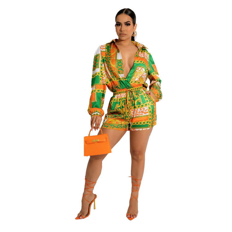 Women's Casual Long-Sleeved Shirt & Shorts Printed 2PCS Suit