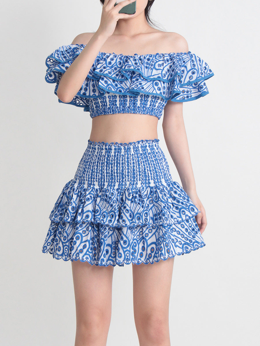 Seaside Vacation Style Two-piece Collar Short Ruffled Shirt High Waist Skirt Outfit