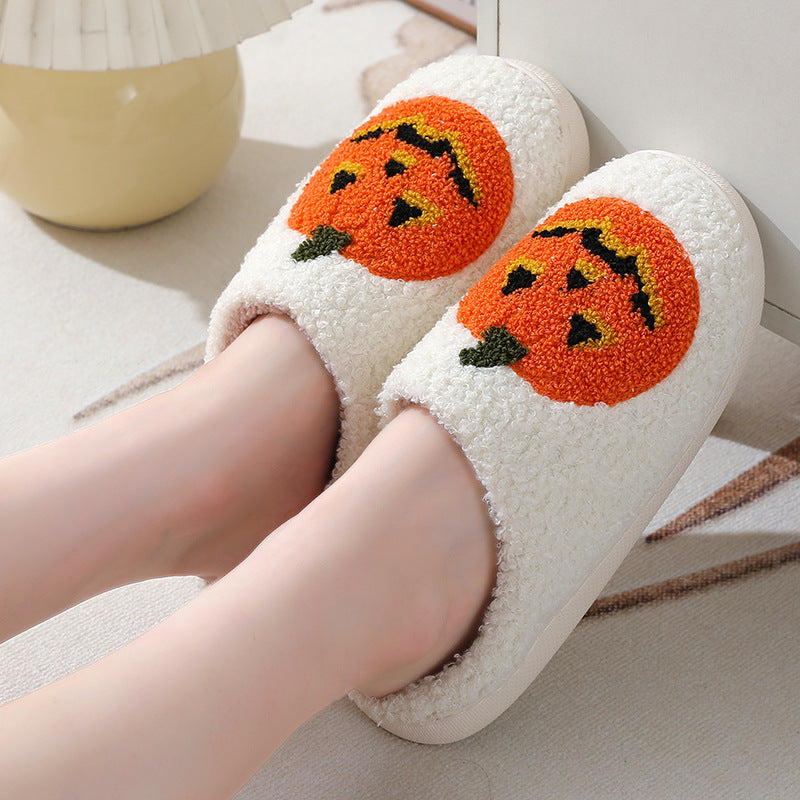 Pantoufles de dessin animé citrouille d'halloween, pantoufles chaudes d'hiver pour hommes et femmes, chaussures d'intérieur pour Couples