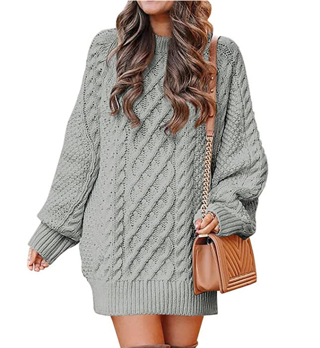 Sweater - Women's Twisted Knit Midi Sweater Dress with Long Sleeves grey