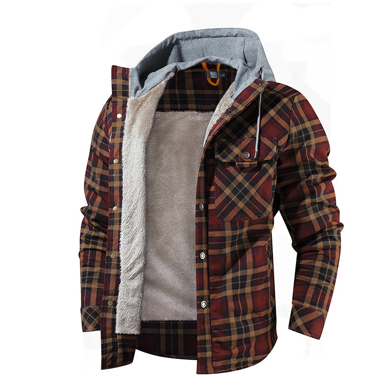 Warme Herrenjacke mit Fleecefutter, Holzfäller-Plaid-Kapuzenjacke mit Druckknopf