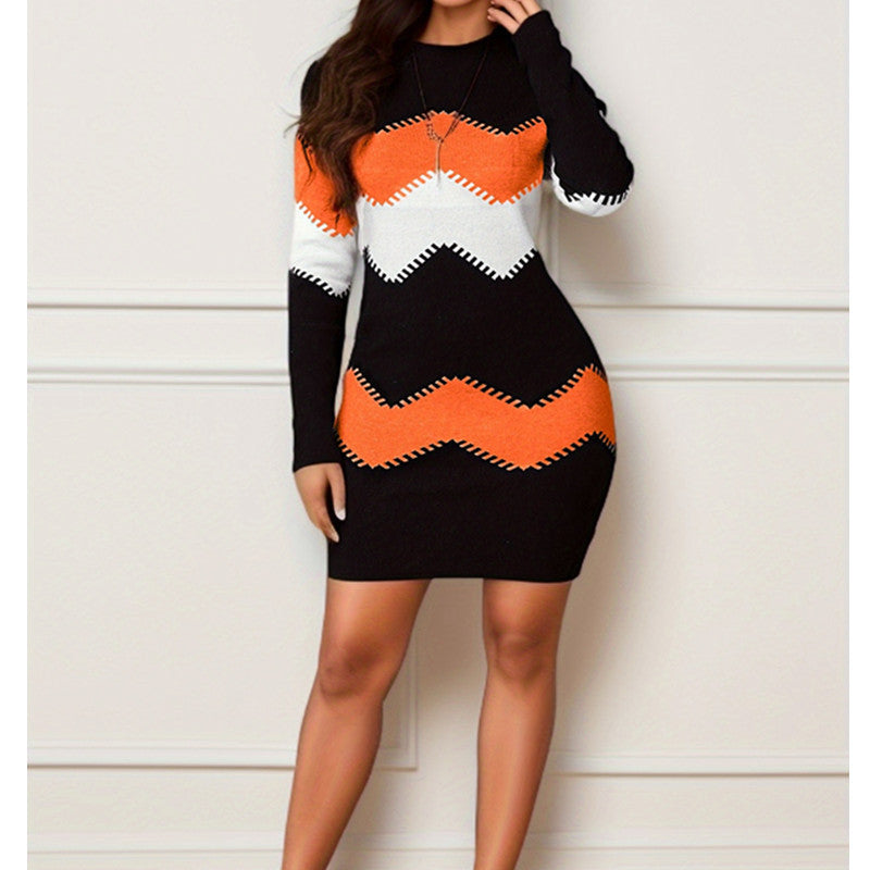 Sweater Dress - Round Neck, Long Sleeve, Printed Knitted Sheath Skirt"