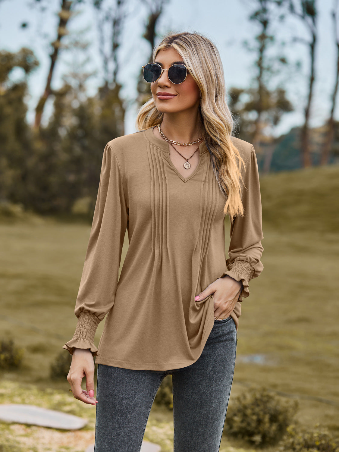 Puff Sleeve Blouse: Women's Solid Color Striped V-neck Smocking Top