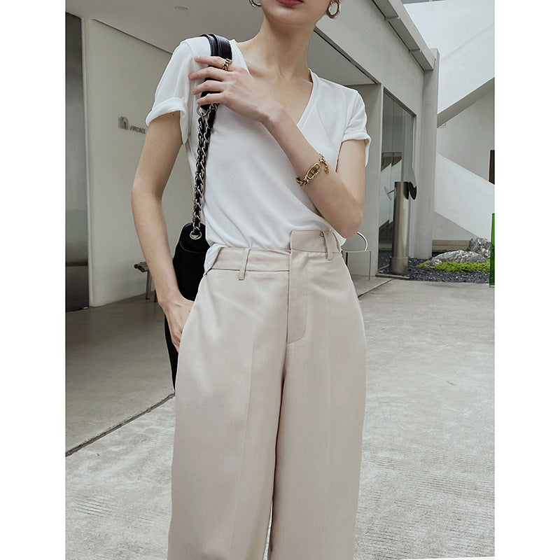 Spring New Women''s Simple Fashionable Irregular Waist Versatile Wide Leg Suit Pants