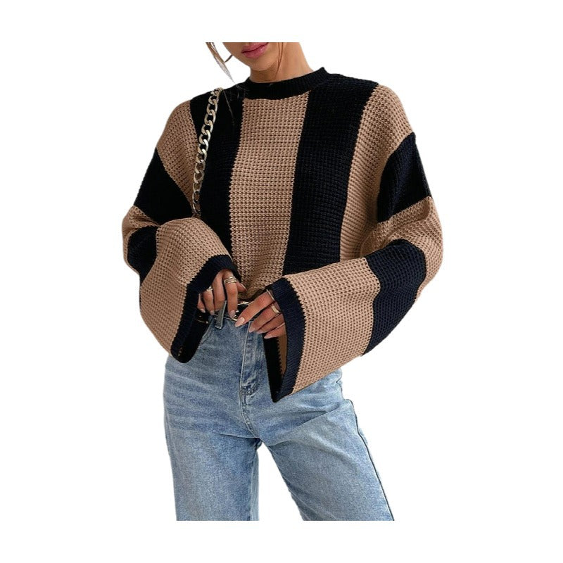 Sweater - Women's Round Neck Striped Knitted Sweater