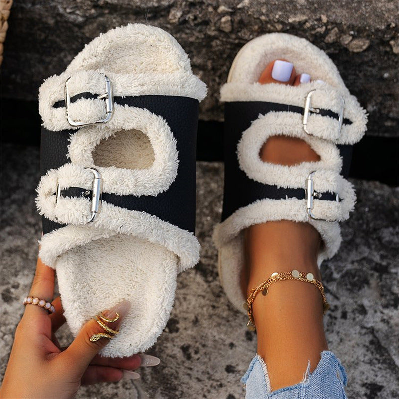 Thick Sole Buckle Lamb Swool Slippers For Women Outdoor