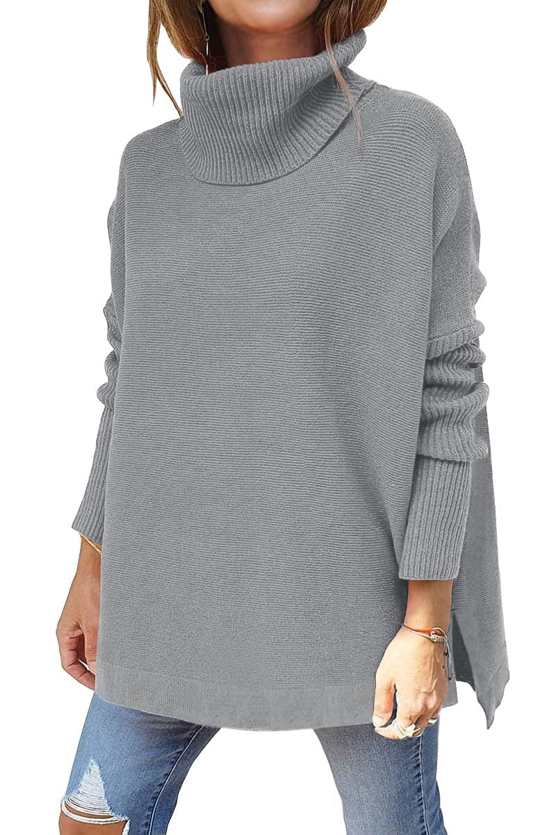 Turtleneck Sweater - Mid Length Batwing Sleeve Slit Hem Tunic Pullover grey