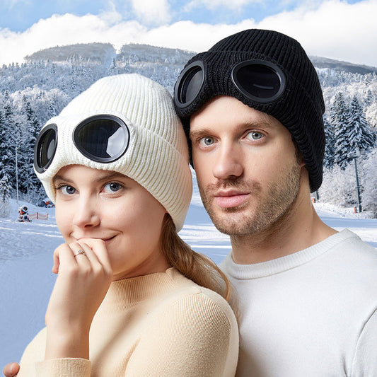 Warm Knitted Woolen Hats With Windproof Glasses Autumn And Winter For Men And Women Ear Protection Cap