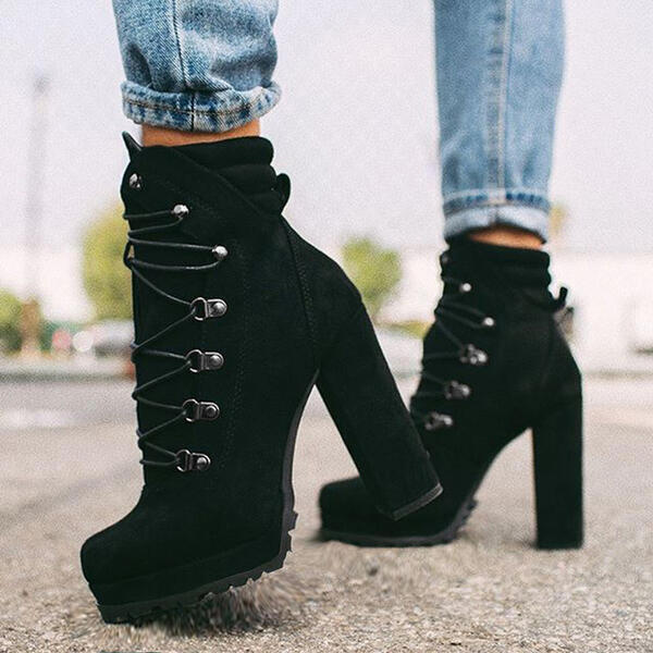 Heeled Boots For Women Round Toe Lace UP High Heels Boots Mid Calf Sho