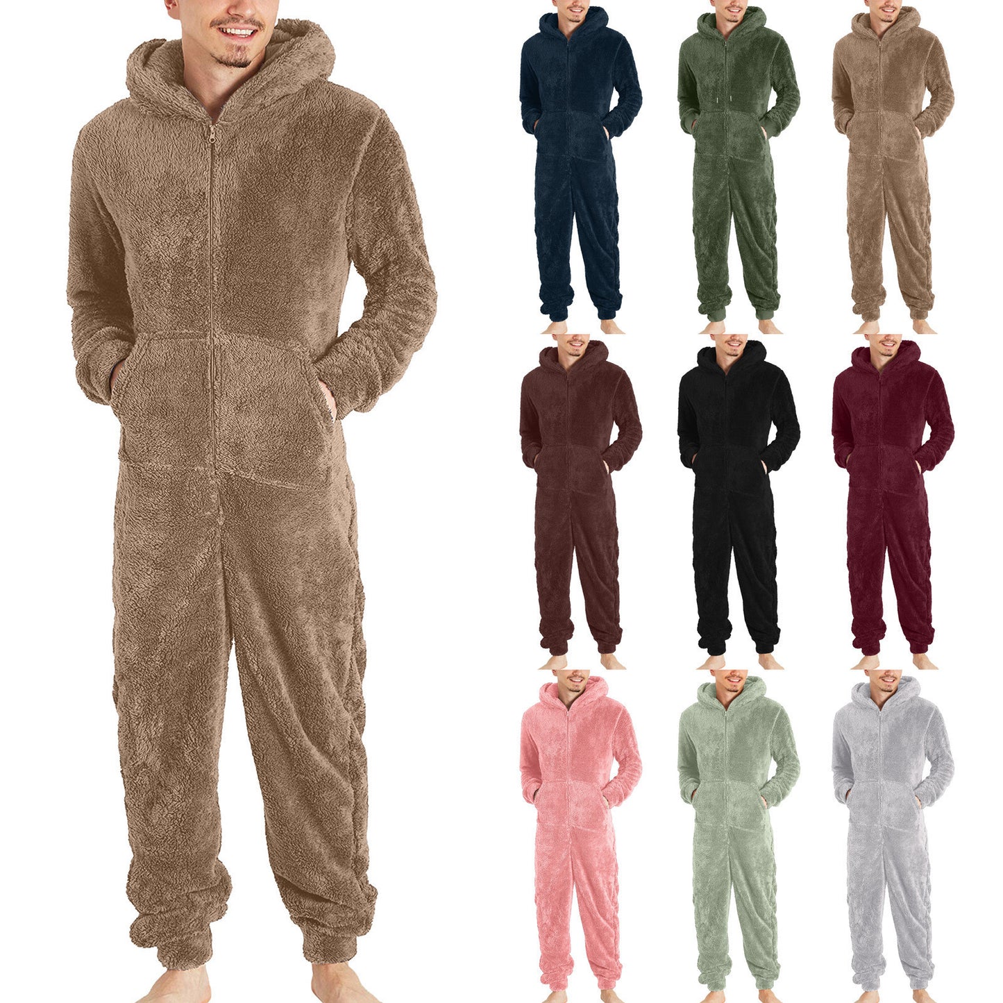 Combinaison thermique en peluche avec fermeture éclair pour hommes, combinaison pyjama thermique