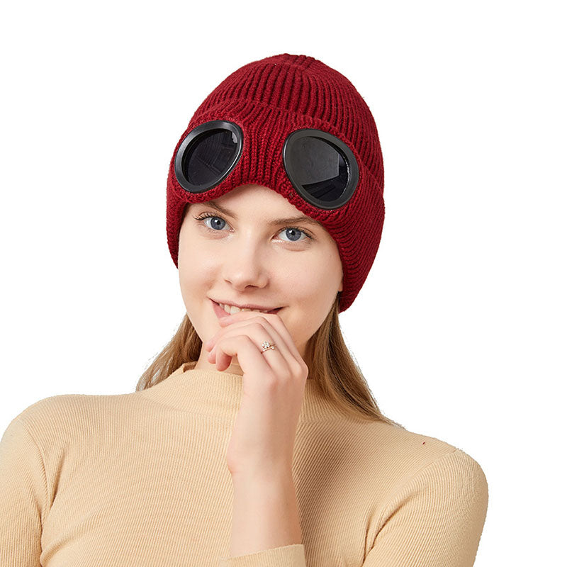 Warme gestrickte Wollmützen mit winddichter Brille Herbst und Winter für Männer und Frauen, Gehörschutzkappe