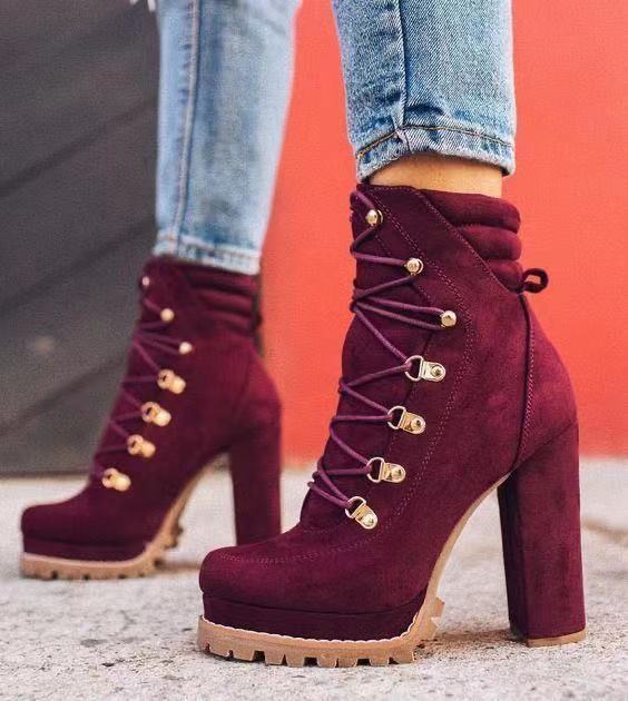 Heeled Boots For Women Round Toe Lace UP High Heels Boots Mid Calf Sho