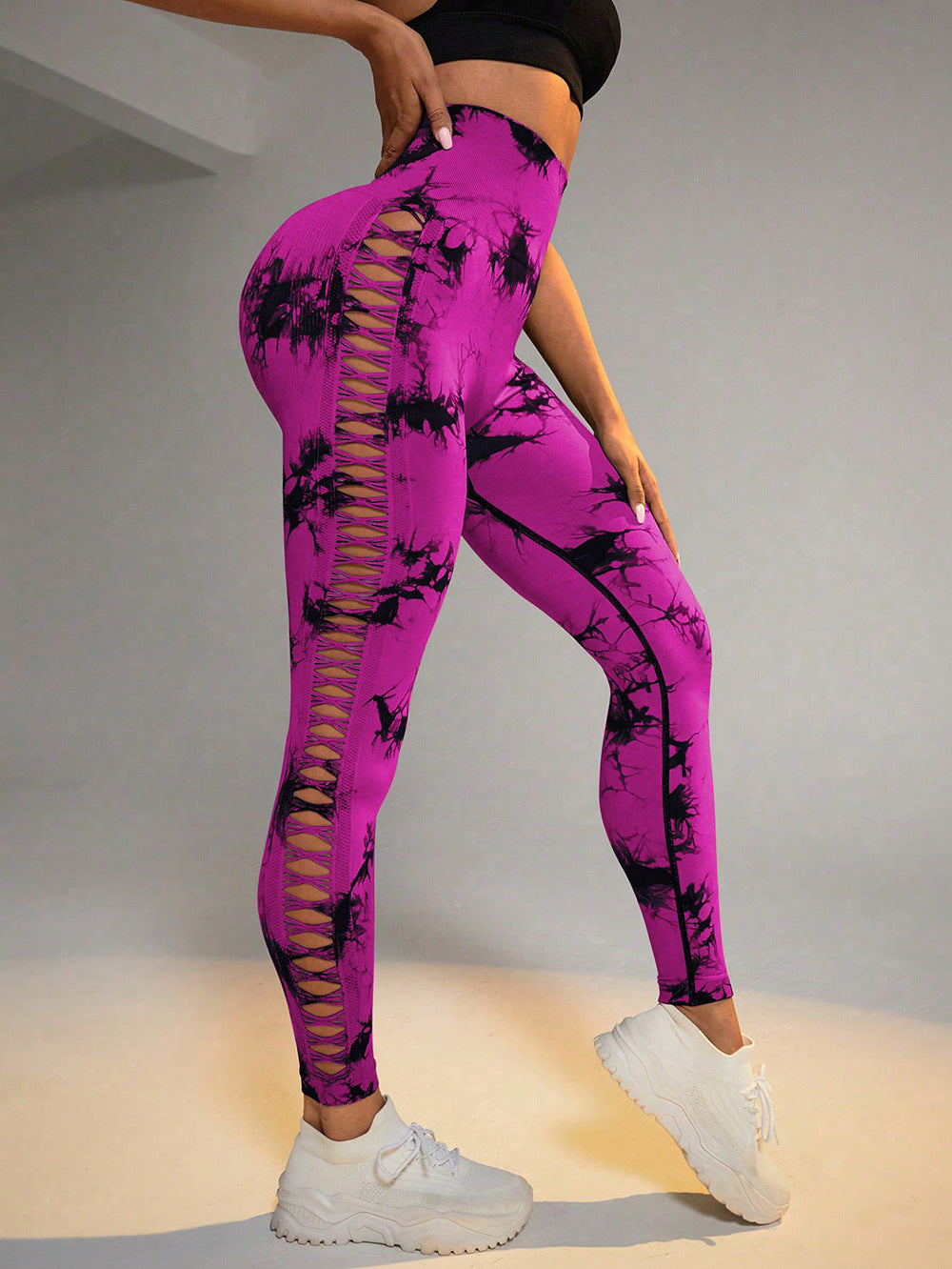 Leggings - Hollow Tie Dye Printed Yoga Pants High Waist Butt Lift Seamless Sports Gym Fitness Leggings