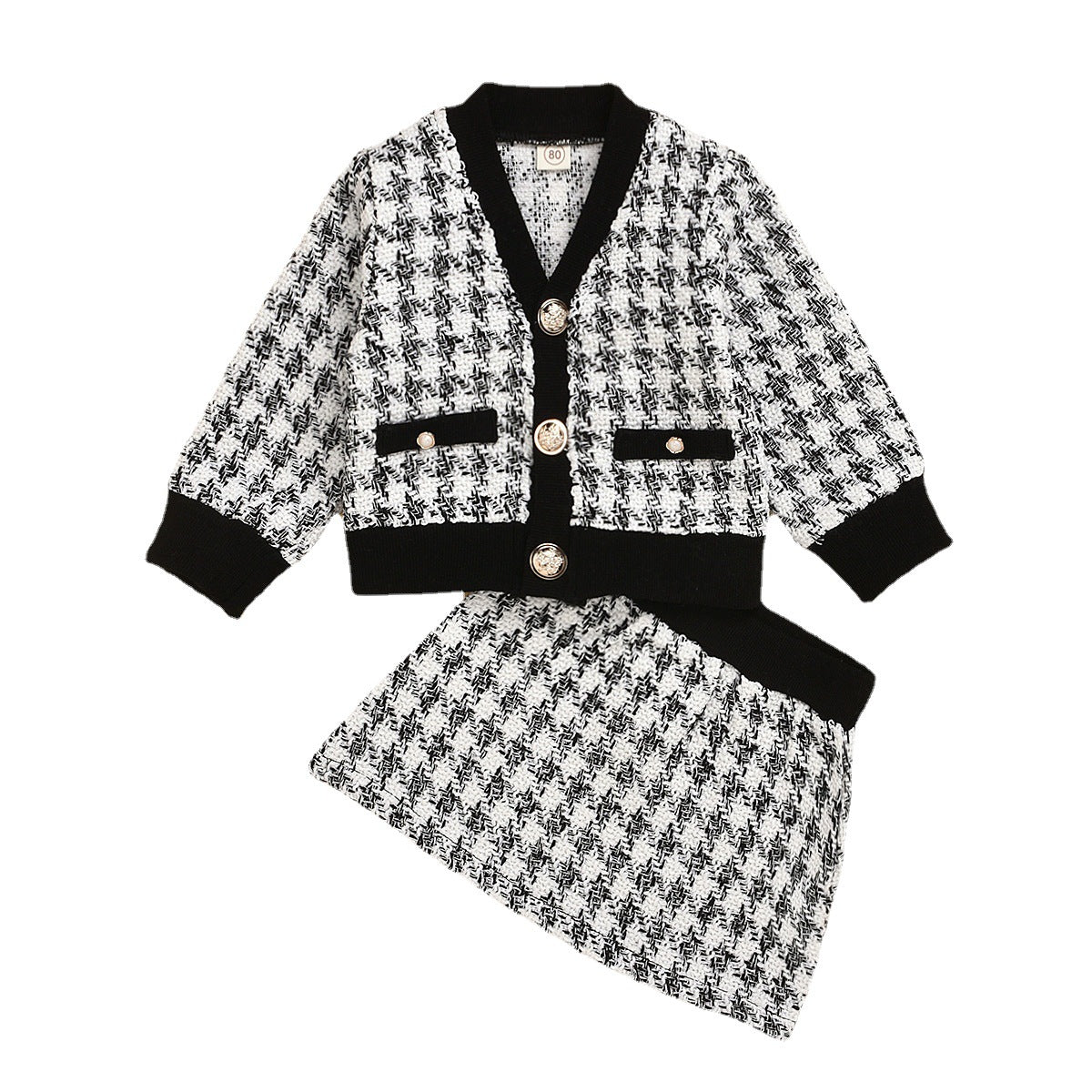 Girls' Houndstooth Pattern 2pcs, Button Front Coat & Skirt Set