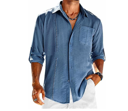 Chemise décontractée à manches longues avec poche en dentelle col polo bouton de couleur unie vêtements pour hommes