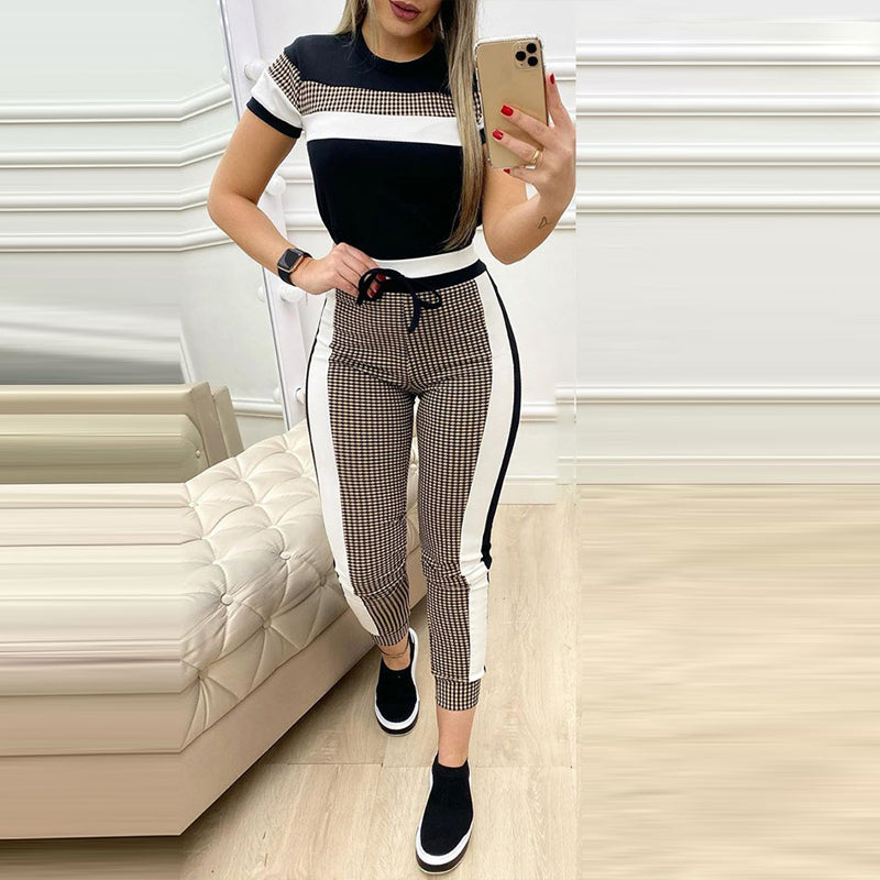 Fashion Women Sets Short Sleeve Tops High Waist Pant front view