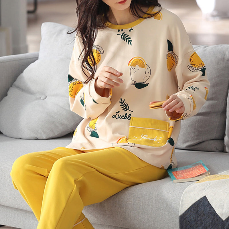 Lose Druck Pyjamas Frauen Herbst Winter Pyjama Set Lange Ärmel Und Hosen Elegante Nachtwäsche Mädchen Loungewear Hause Kleidung