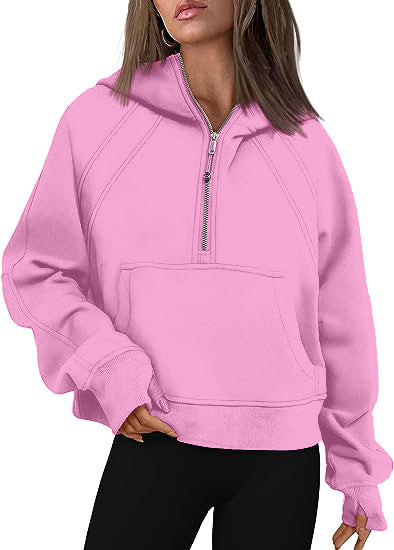 Hoodie - Loose Fit Zip-Up Hooded Sweatshirt with Pockets pink