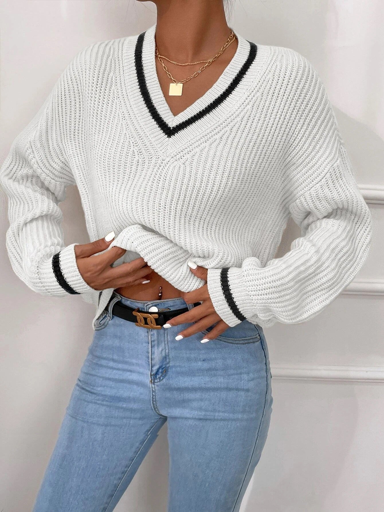 Sweaters: Casual Long Sleeve Striped Pullover V Neck Sweater