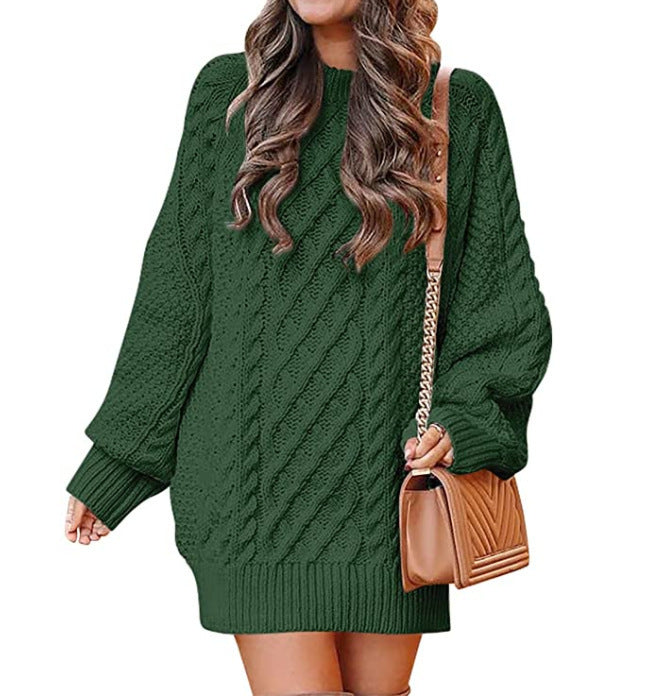 Sweater - Women's Twisted Knit Midi Sweater Dress with Long Sleeves green