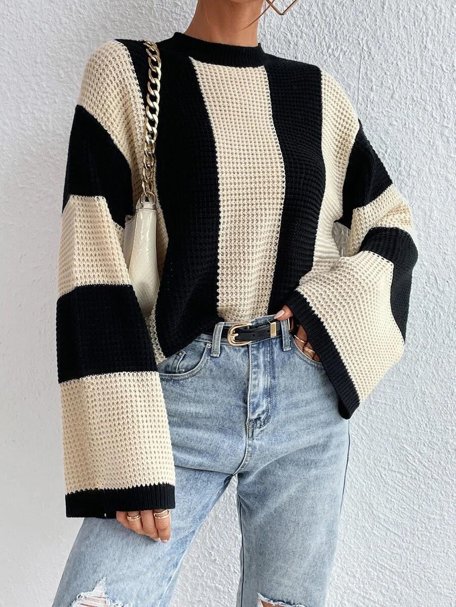 Sweater - Women's Round Neck Striped Knitted Sweater