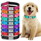 Set of colorful dog collars with name tags next to a golden retriever puppy.