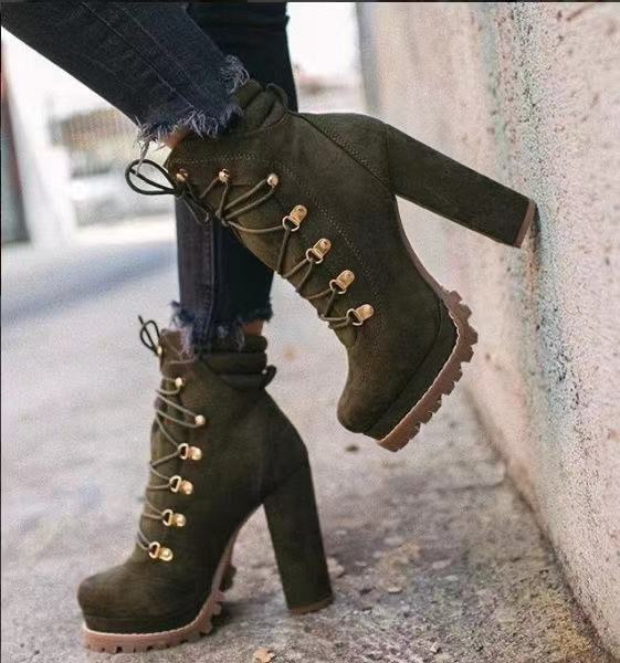 Heeled Boots For Women Round Toe Lace UP High Heels Boots Mid Calf Sho