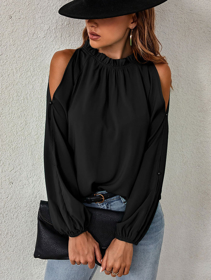 Long Sleeve Top - Ruffle Round Neck Long Sleeve Pleated Off-shoulder Top