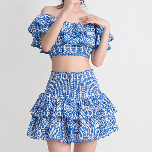 Seaside Vacation Style Two-piece Collar Short Ruffled Shirt High Waist Skirt Outfit