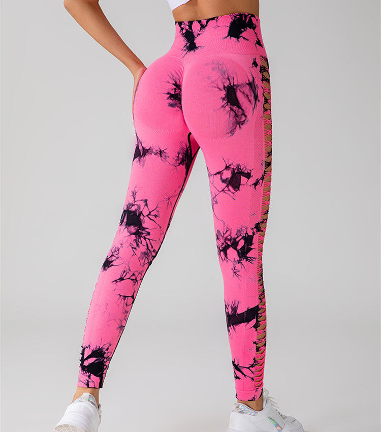 Leggings - Hollow Tie Dye Printed Yoga Pants High Waist Butt Lift Seamless Sports Gym Fitness Leggings