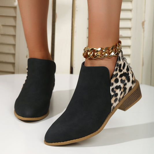 Fashion Leopard Print Boots Women Pointed Toe Chunky Heel Back Zipper 