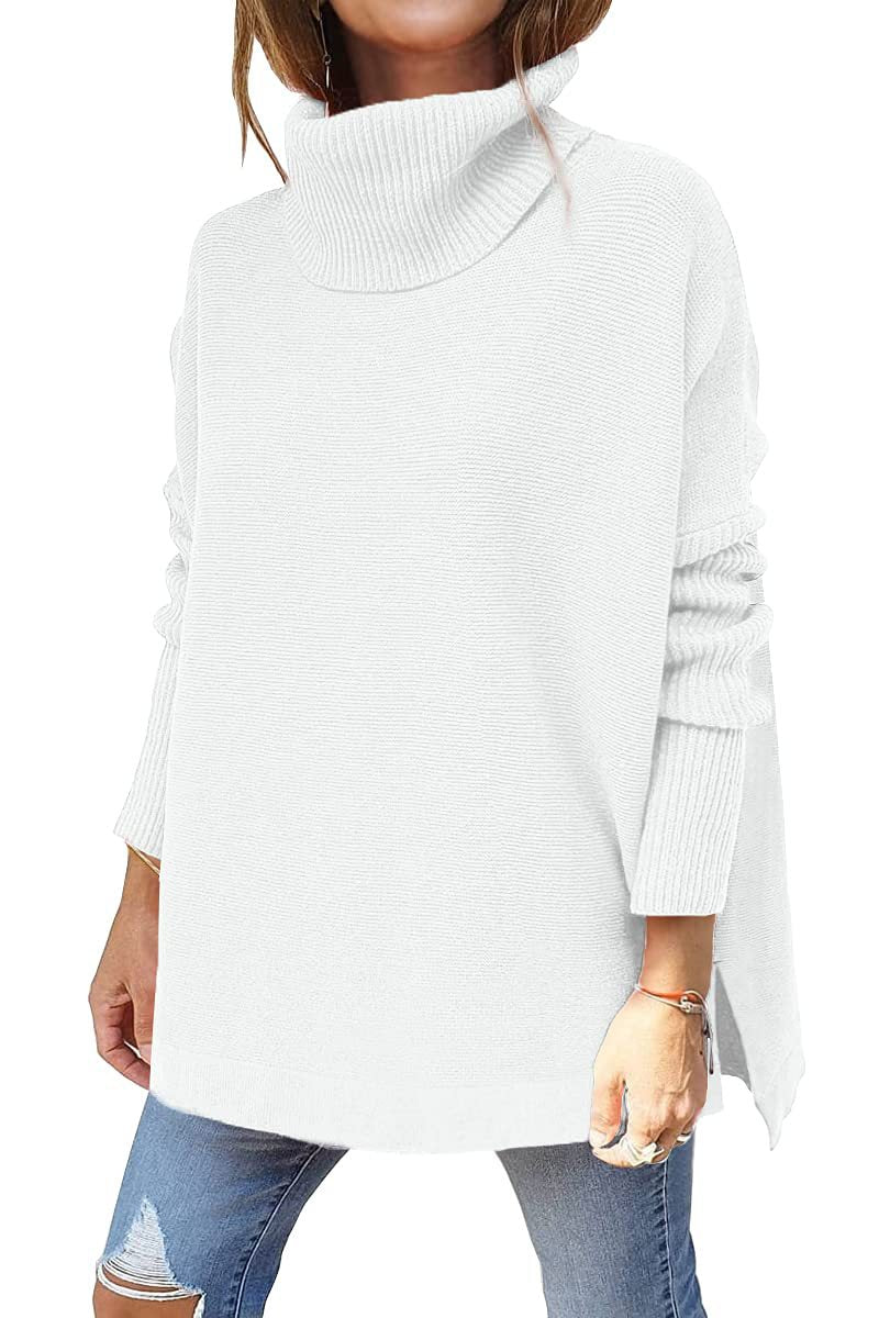 Turtleneck Sweater - Mid Length Batwing Sleeve Slit Hem Tunic Pullover white