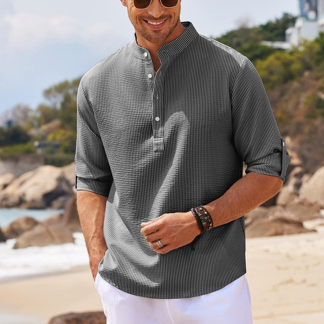 Chemise décontractée à manches longues pour hommes, col montant, couleur unie, vêtements pour hommes