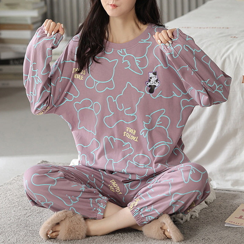 Lose Druck Pyjamas Frauen Herbst Winter Pyjama Set Lange Ärmel Und Hosen Elegante Nachtwäsche Mädchen Loungewear Hause Kleidung