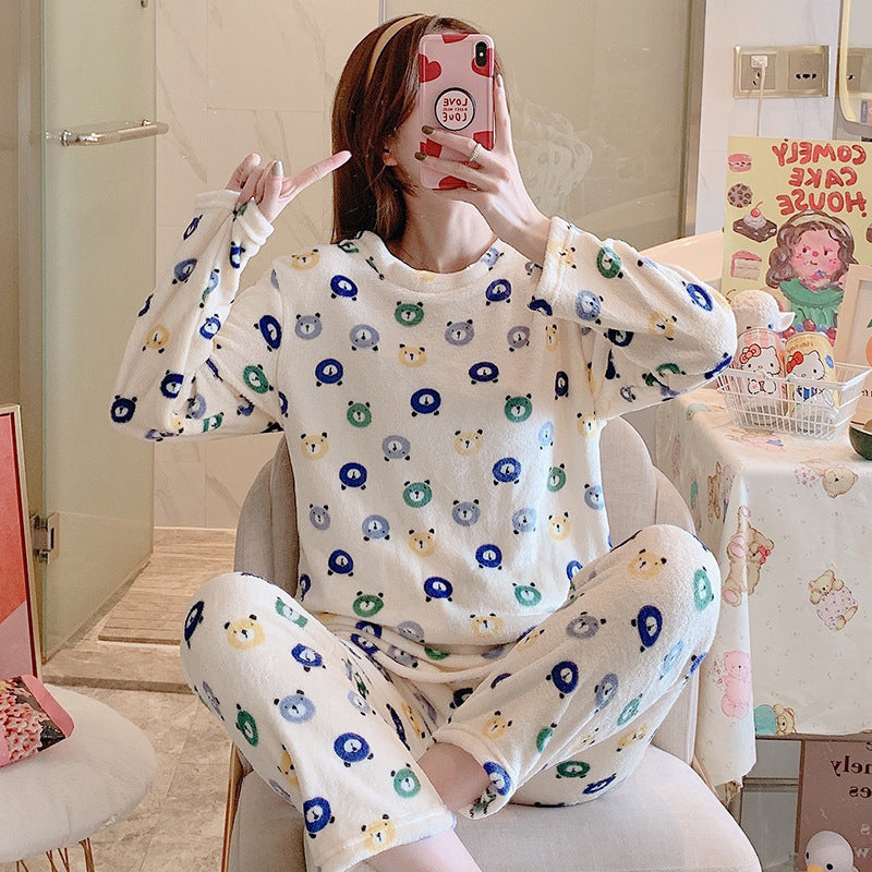 Cartoon Print Pajamas Sets Winter Warm Long Sleeve Sleepwear Home Nightclothes Women