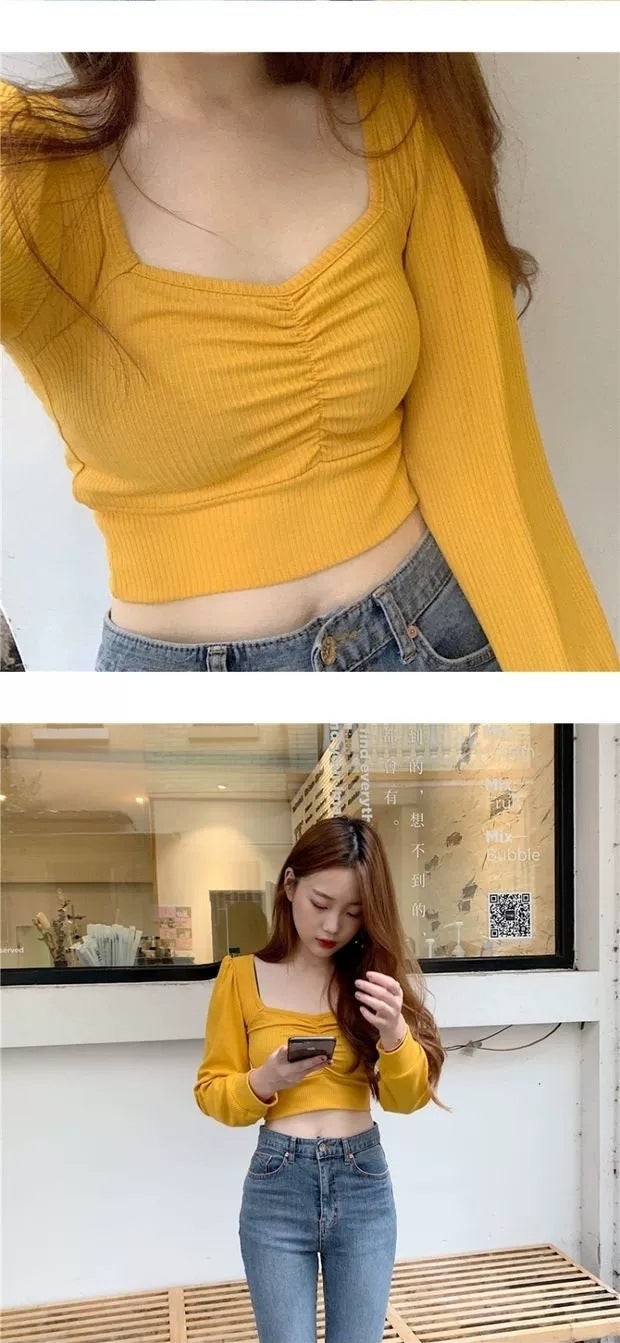 Womens Top - Bare Midriff High Waist Short Shirt yellow