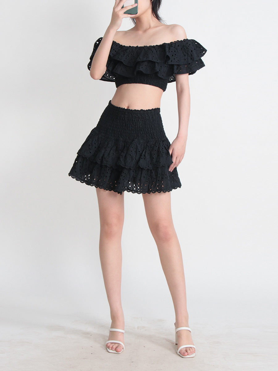 Seaside Vacation Style Two-piece Collar Short Ruffled Shirt High Waist Skirt Outfit