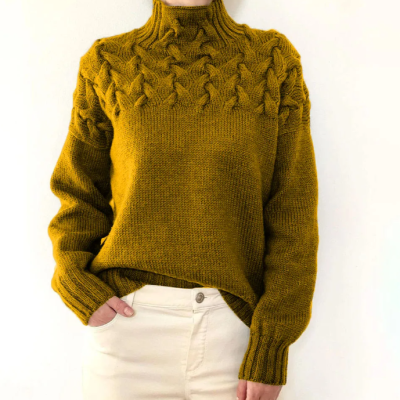 Sweater - Fashion Cable Woven Detail High Collar burnt gold